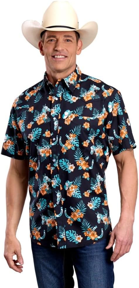 Roper Men's Black Hawaiian Print Snap Short Sleeve Shirt