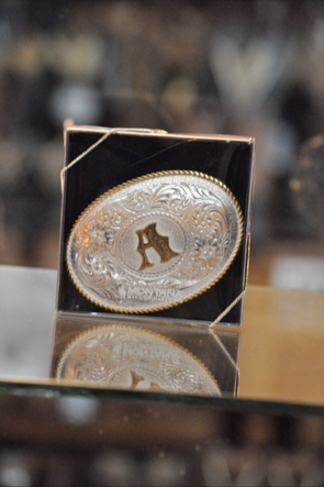 Initial Silver Engraved Gold Trim Western Belt Buckle