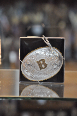 Initial Silver Engraved Gold Trim Western Belt Buckle
