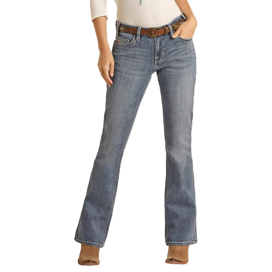 R&R Women's Medium Vintage Cowhide Applique Mid Rise Boot Cut Jean