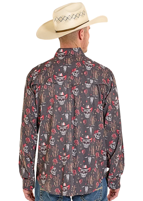 Rock And Roll Men's Novelty Skulls Tek Western Snap Long Sleeve Shirt