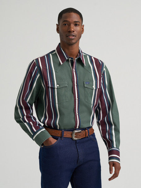 Wrangler Men's Green Multi Stripe Vintage Brushpopper Snap Long Sleeve Shirt