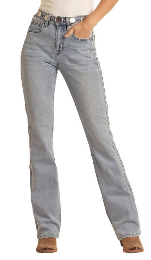 R&R Women's Medium Vintage WD Two Tone High Rise Boot Cut Jean