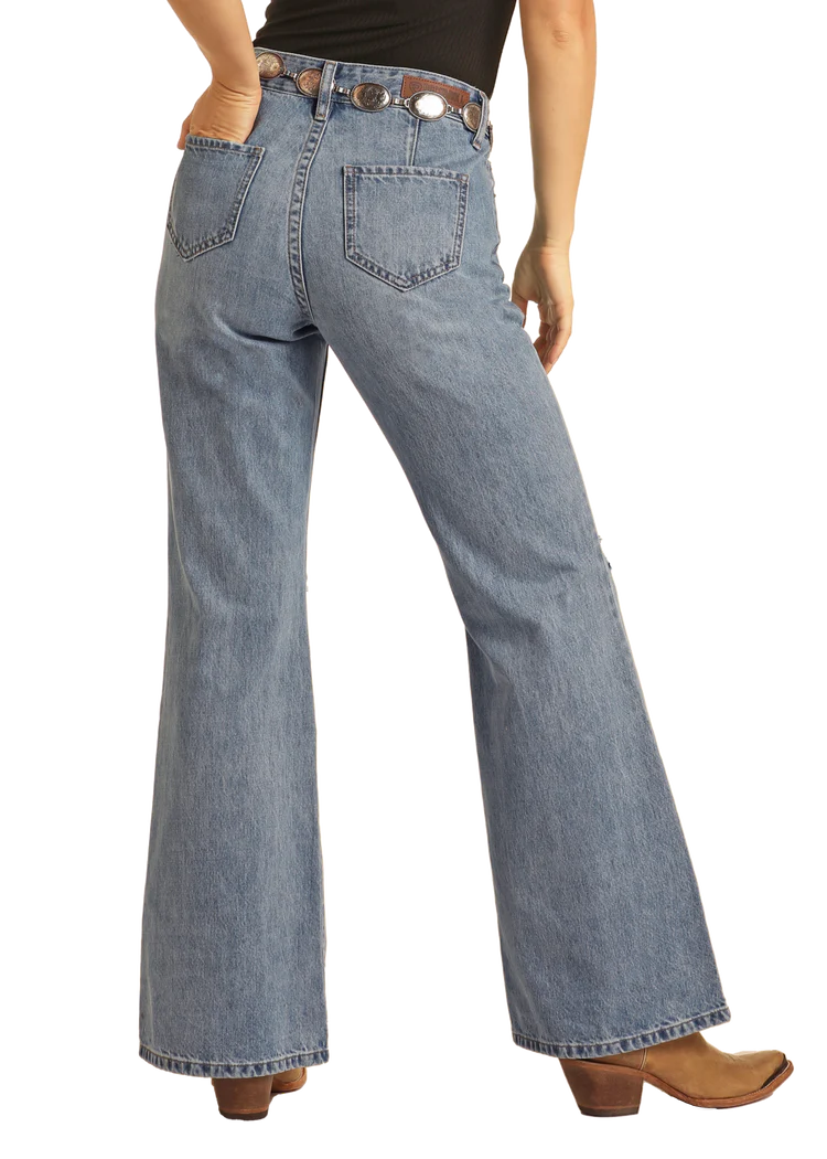 R&R Women's Light Vintage Light Wash Wide Leg High Rise Flare Jean