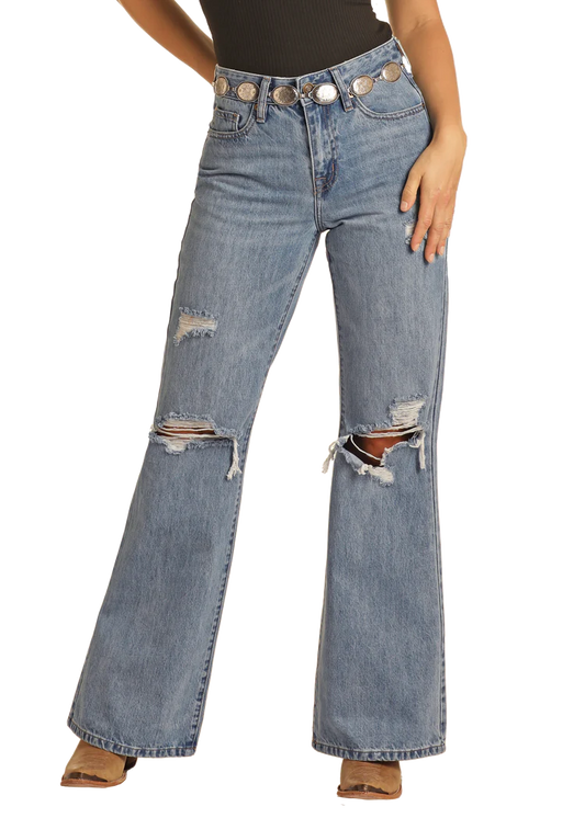 R&R Women's Light Vintage Light Wash Wide Leg High Rise Flare Jean