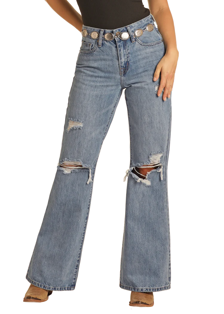 R&R Women's Light Vintage Light Wash Wide Leg High Rise Flare Jean