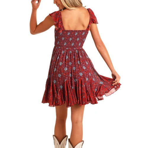 Rock & Roll Women's Burgundy Floral Godet Minidress