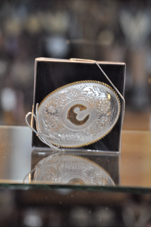 Initial Silver Engraved Gold Trim Western Belt Buckle