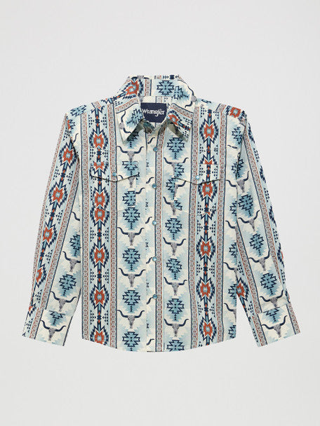 Wrangler Kid's White/Blue Aztec Checotah Snap Long Sleeve Shirt