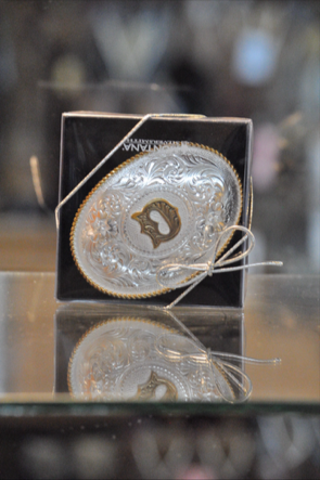 Initial Silver Engraved Gold Trim Western Belt Buckle