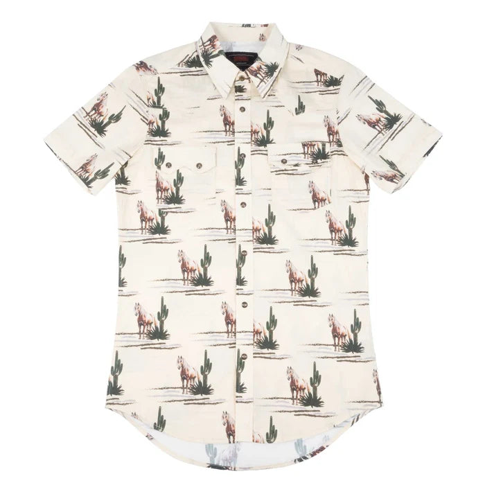 Rock & Roll Men's Cream Novelty Horse Western Print Snap Short Sleeve Shirt
