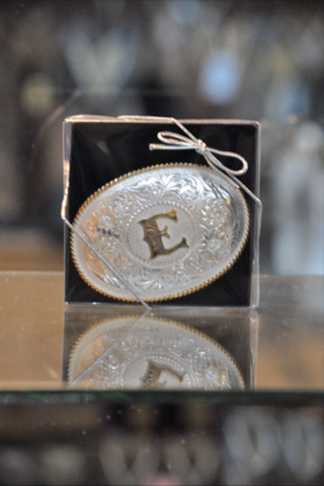 Initial Silver Engraved Gold Trim Western Belt Buckle