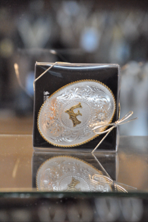 Initial Silver Engraved Gold Trim Western Belt Buckle