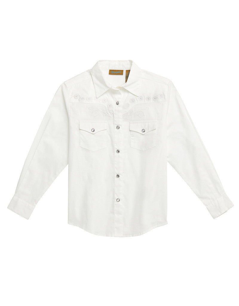 Wrangler Girl's White Sparkly Snap Long Sleeve Shirt