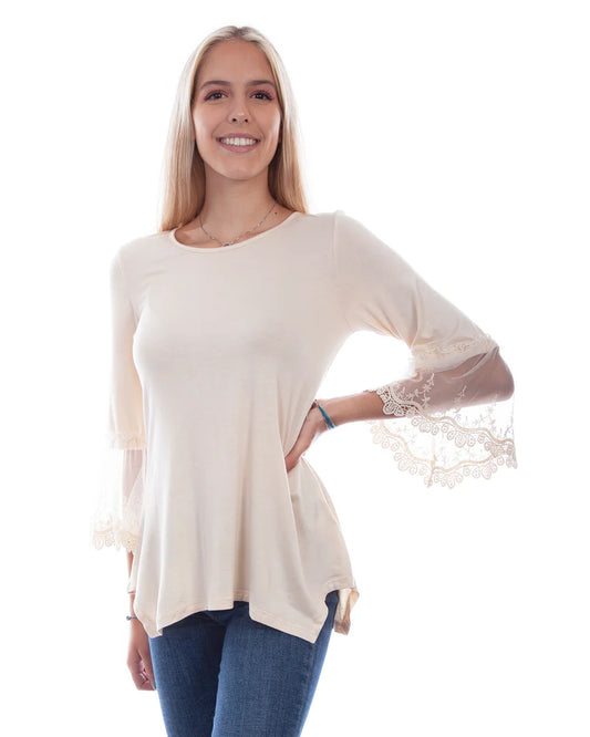 Scully Women's Cream Top Tulle Crochet Sleeves Shirt