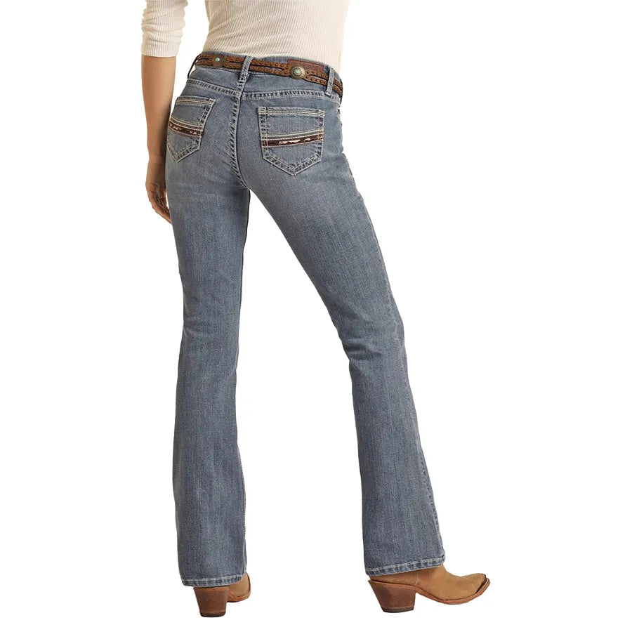 R&R Women's Medium Vintage Cowhide Applique Mid Rise Boot Cut Jean