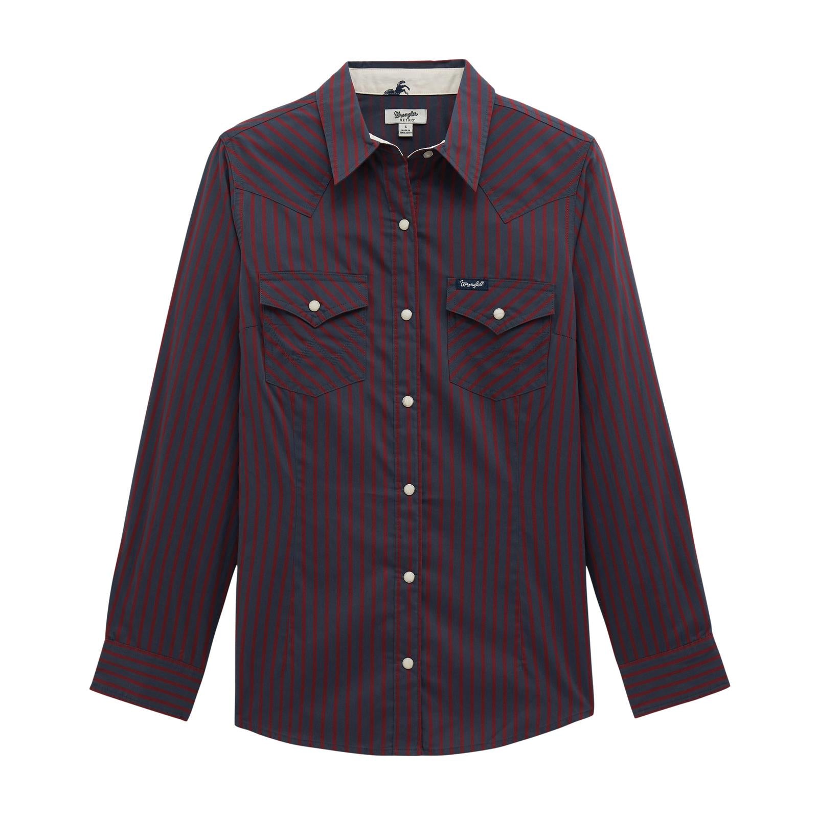 Wrangler Women's Retro Navy/Maroon Stripe Snap Long Sleeve Shirt