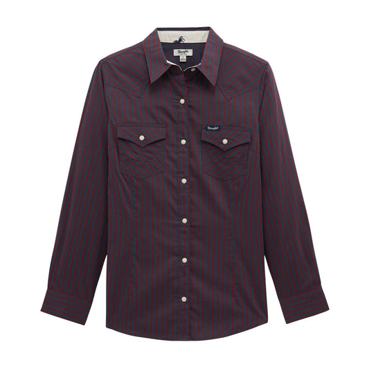 Wrangler Women's Retro Navy/Maroon Stripe Snap Long Sleeve Shirt
