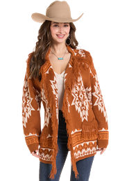Rock & Roll Women's Burnt Orange Aztec Yarn Fringe Cardigan Long Sleeve