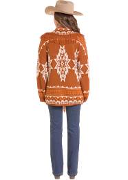 Rock & Roll Women's Burnt Orange Aztec Yarn Fringe Cardigan Long Sleeve