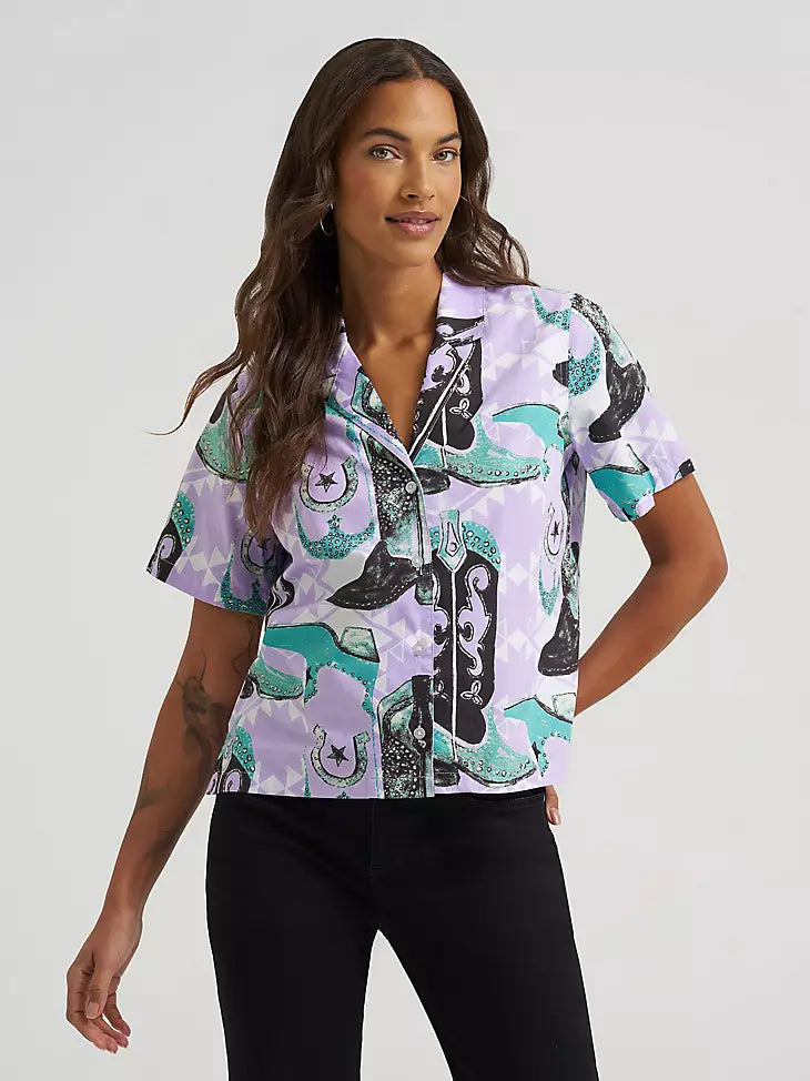 Wrangler Women's Purple Retro Punchy Camp Snap Short Sleeve Shirt