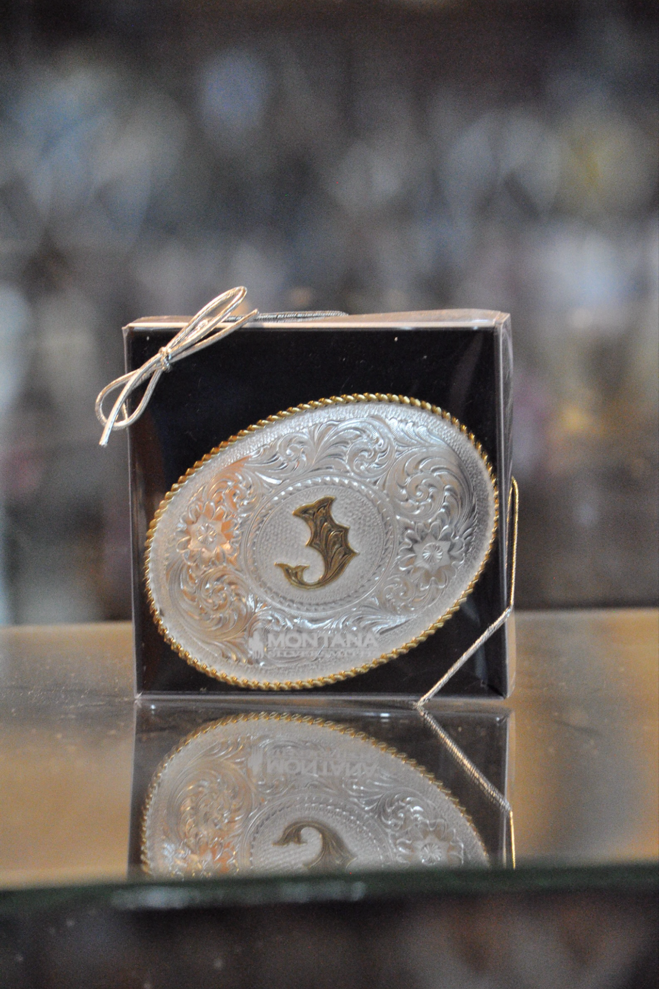 Initial Silver Engraved Gold Trim Western Belt Buckle