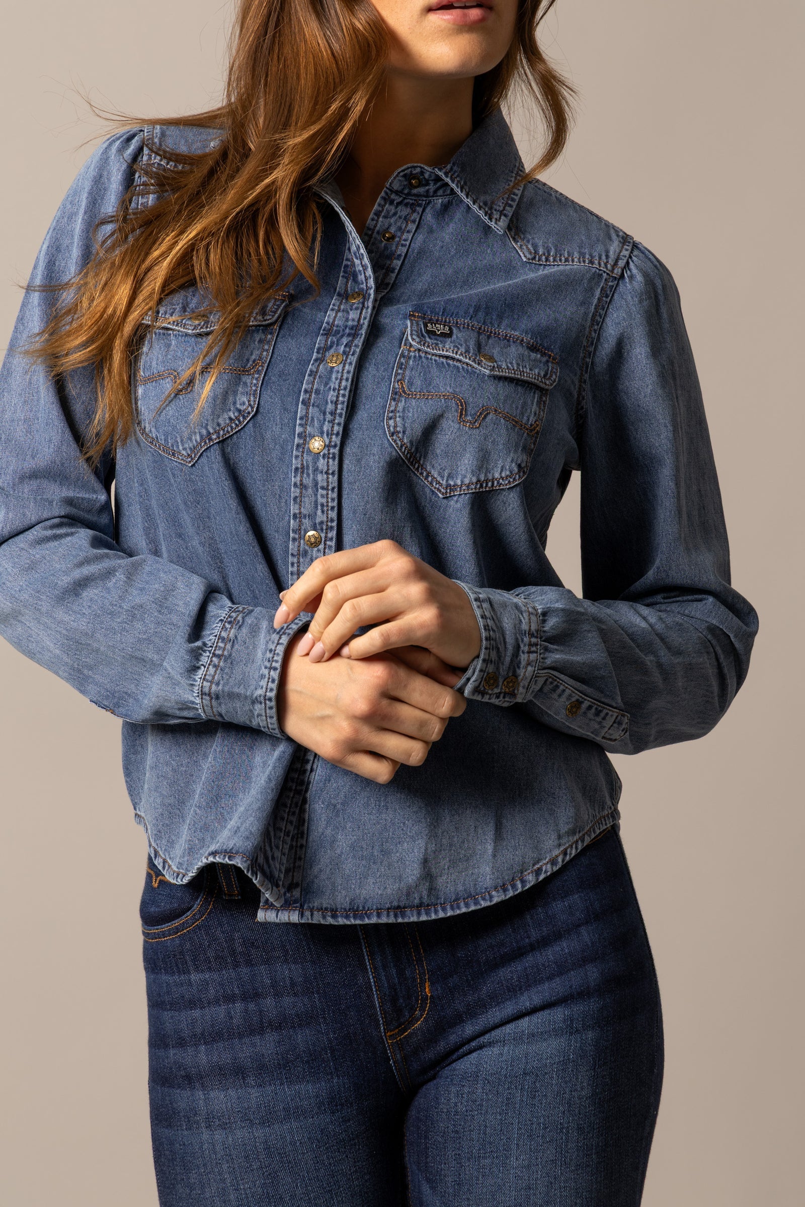 Ladies Kimes Indigo Blue Jane Denim Snap Long Sleeve Shirt