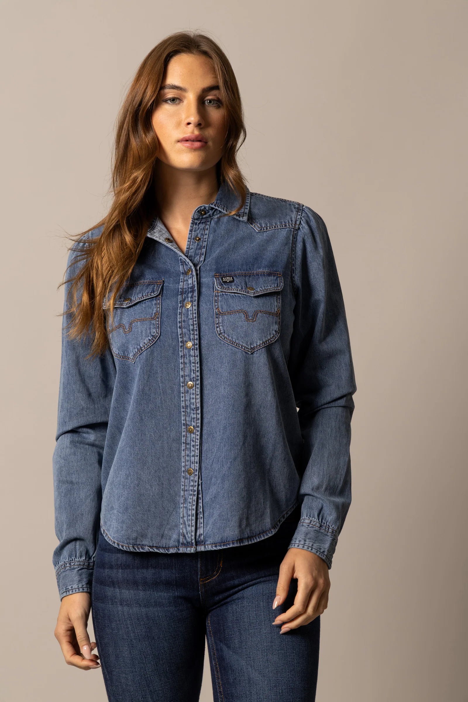 Ladies Kimes Indigo Blue Jane Denim Snap Long Sleeve Shirt