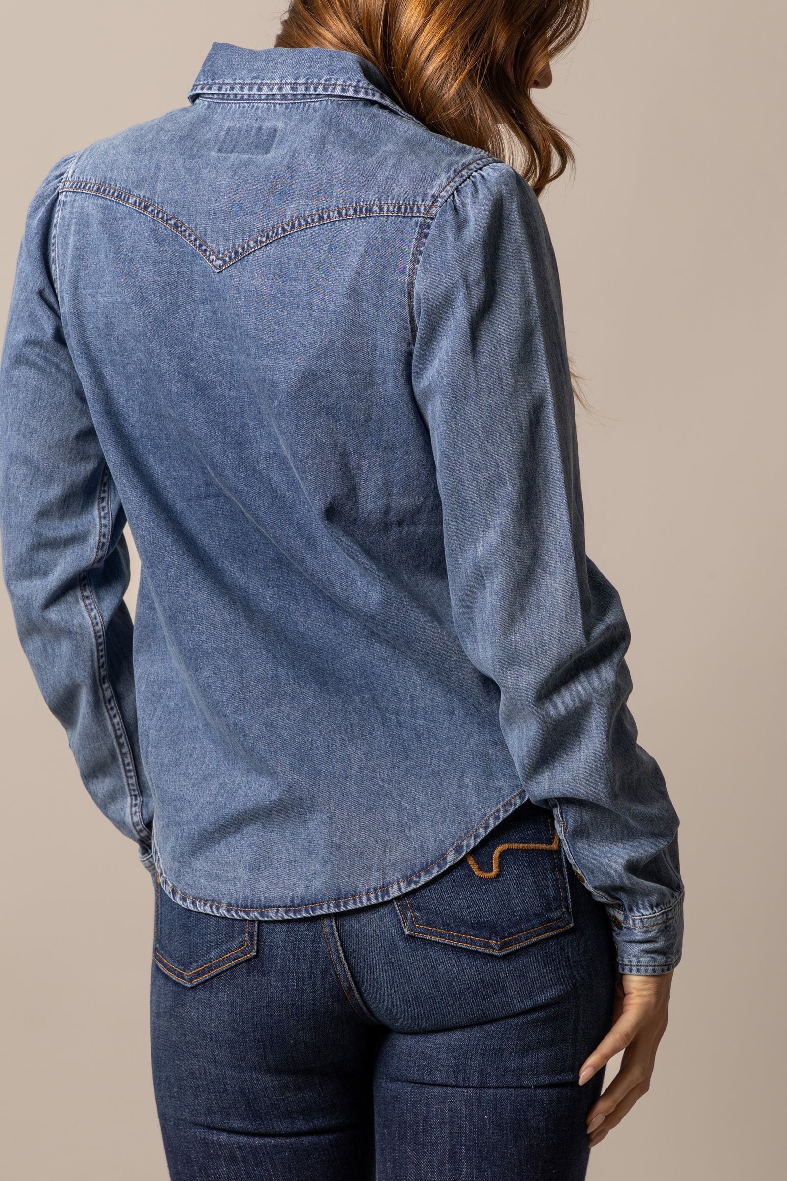 Ladies Kimes Indigo Blue Jane Denim Snap Long Sleeve Shirt