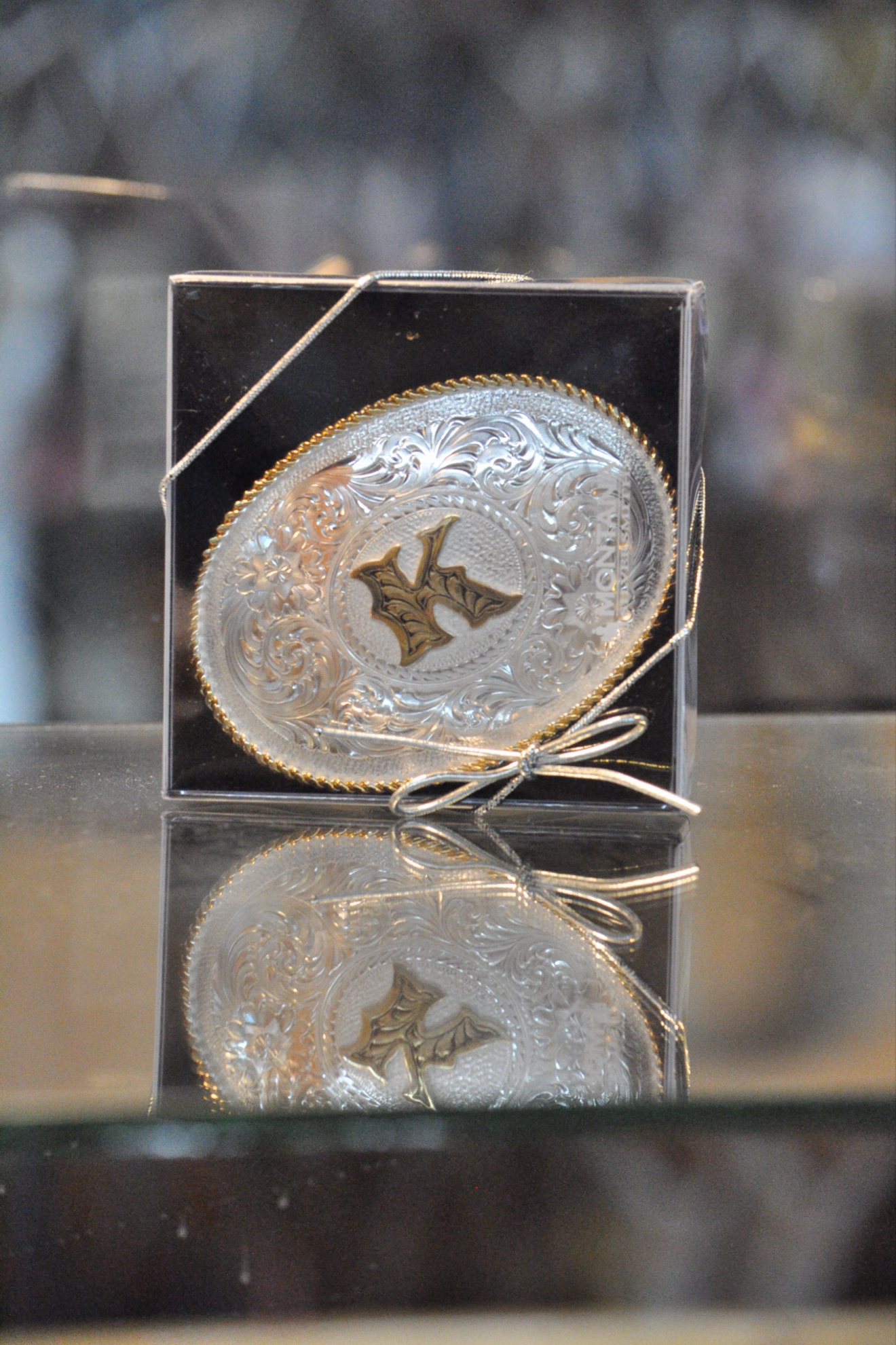 Initial Silver Engraved Gold Trim Western Belt Buckle