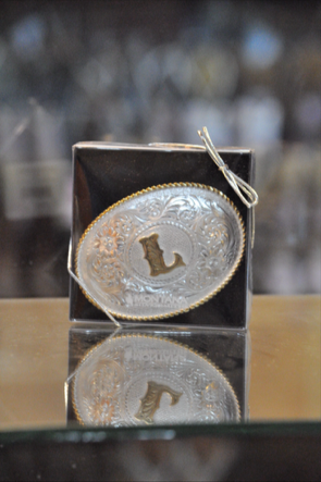 Initial Silver Engraved Gold Trim Western Belt Buckle