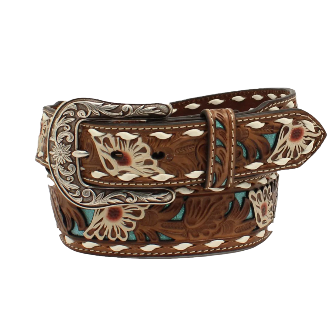 Ariat Women's Floral Pierced Lacing Brown Leather Belt