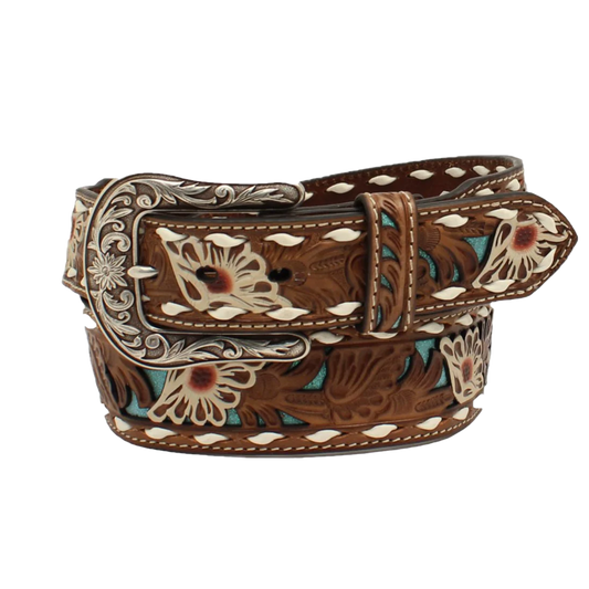 Ariat Women's Floral Pierced Lacing Brown Leather Belt