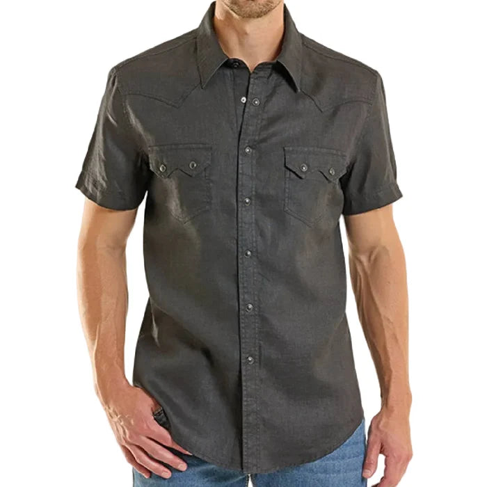 Rock & Roll Men's Slate Solid Linen Snap Short Sleeve Shirt