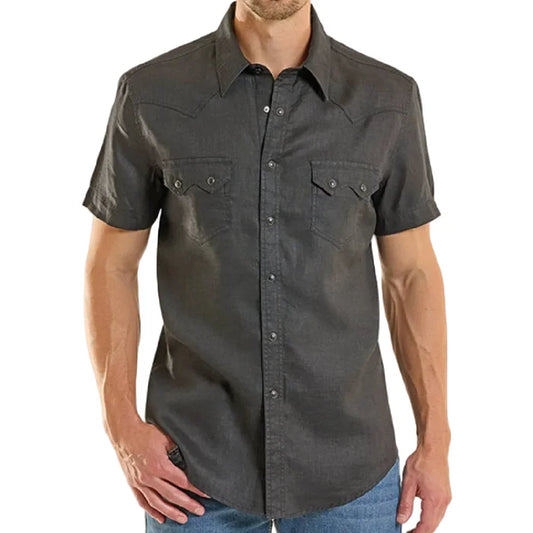 Rock & Roll Men's Slate Solid Linen Snap Short Sleeve Shirt