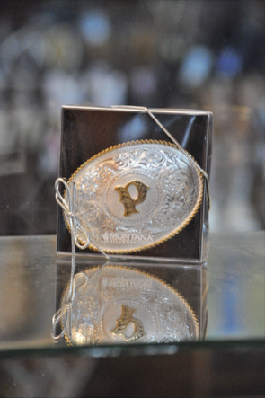 Initial Silver Engraved Gold Trim Western Belt Buckle