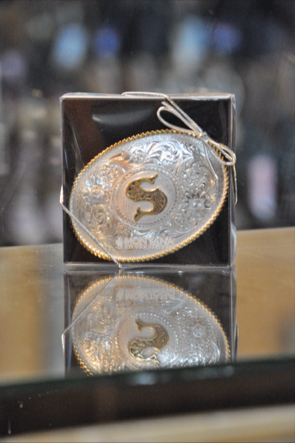 Initial Silver Engraved Gold Trim Western Belt Buckle