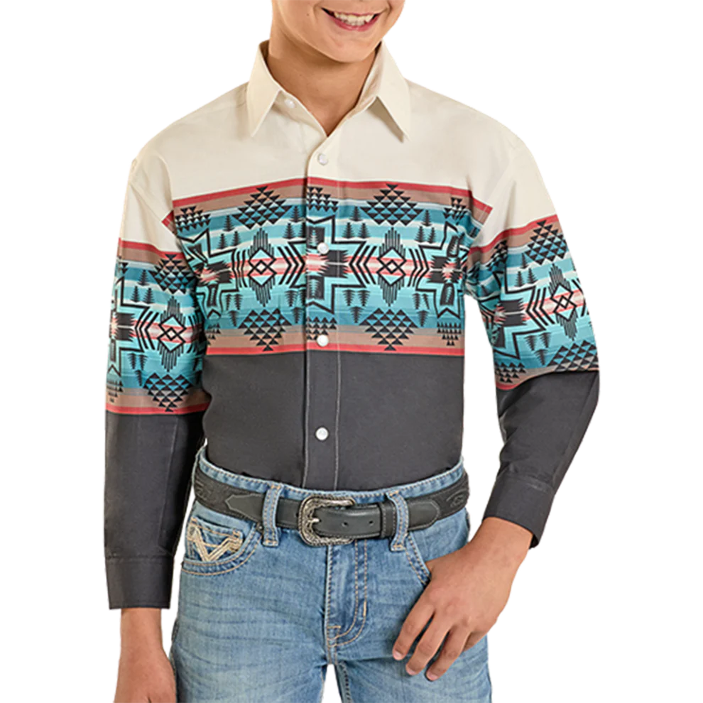 Panhandle Kid's Cream/Black Aztec Print Snap Long Sleeve Shirt