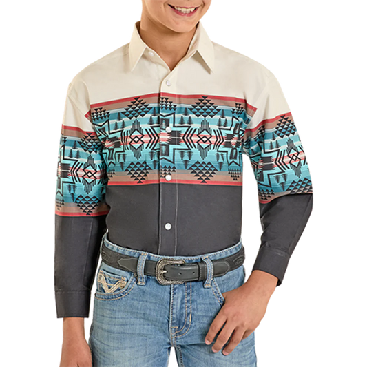 Panhandle Kid's Cream/Black Aztec Print Snap Long Sleeve Shirt