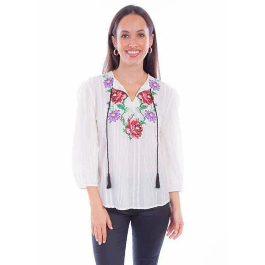 Scully Women's White Floral Embroidered Long Sleeve Blouse