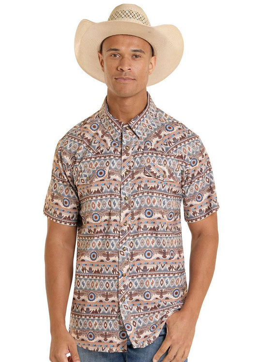 Rock & Roll Men's Natural Tek Ripstop Western Aztec Print Snap Short Sleeve Shirt