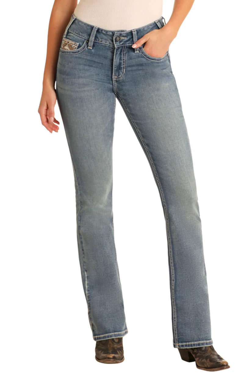 R&R Women's Steer Head EMB Mid Rise Boot Cut Jean