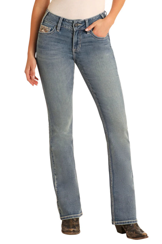 R&R Women's Steer Head EMB Mid Rise Boot Cut Jean