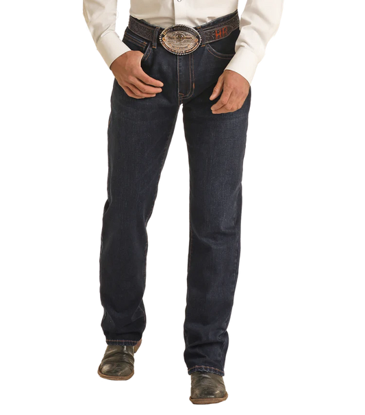 Rock & Roll Men's Vintage 46 Dark Wash Rope Stitch Relax Fit Stackable Boot Cut Double Barrel Jeans