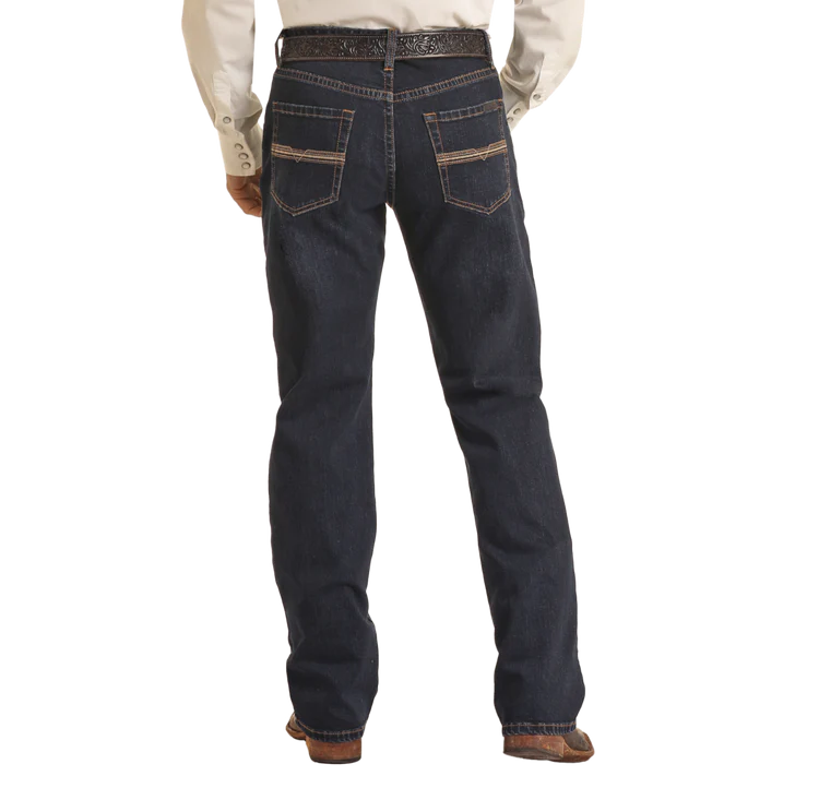 Rock & Roll Men's Vintage 46 Dark Wash Rope Stitch Relax Fit Stackable Boot Cut Double Barrel Jeans