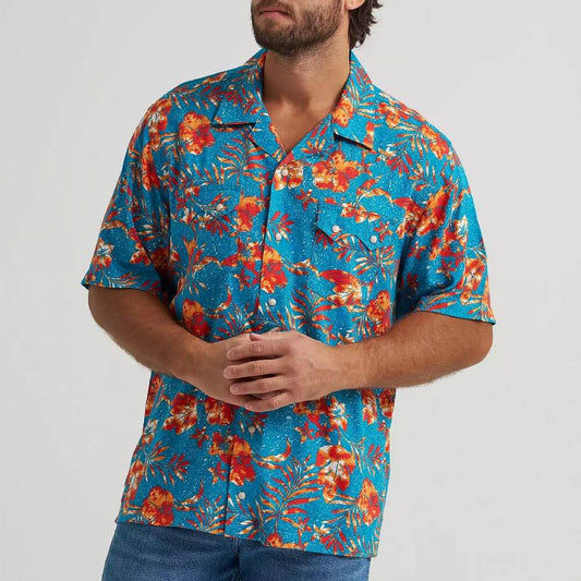 Wrangler Men's Blue Coconut Cowboy Flower Snap Short Sleeve Shirt