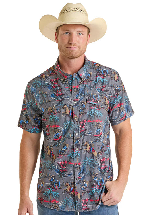 Rock & Roll Men's Charcoal Tek Ripstop Convo Print Snap Short Sleeve Shirt