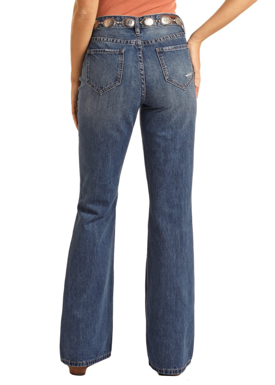 R&R Medium Wash Relaxed High Rise Flare With Tears Jean