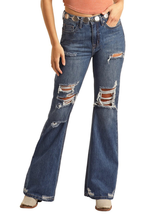 R&R Medium Wash Relaxed High Rise Flare With Tears Jean