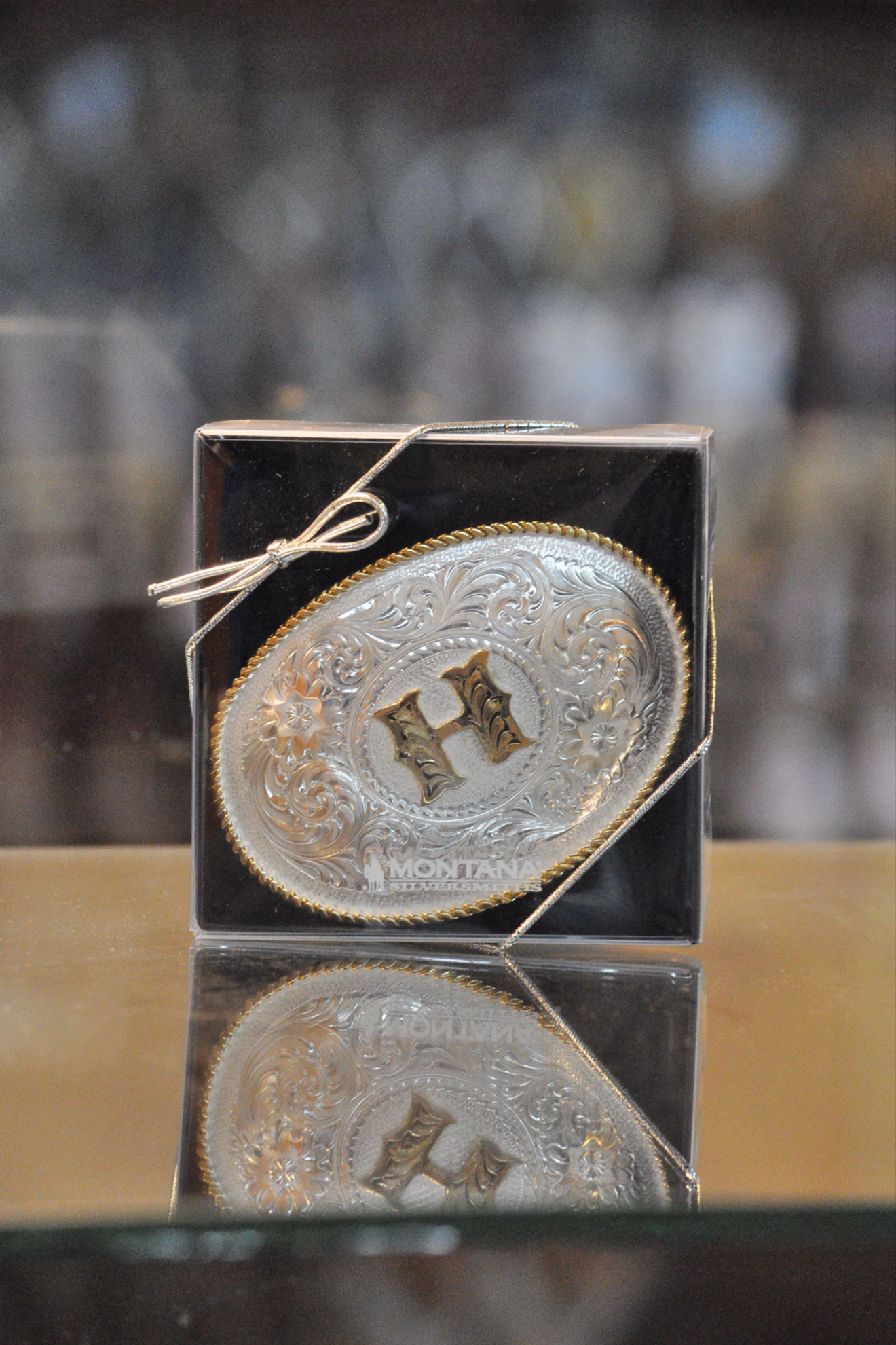 Initial Silver Engraved Gold Trim Western Belt Buckle